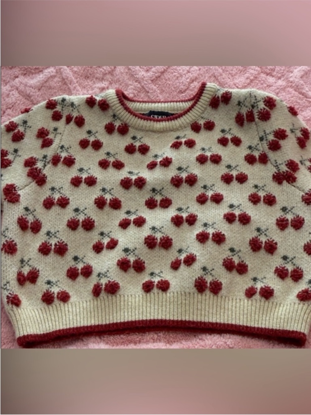 Cider Cream Knit Scoop Neck Sweater with Red Cherries Motif Size XL - Picture 5 of 7